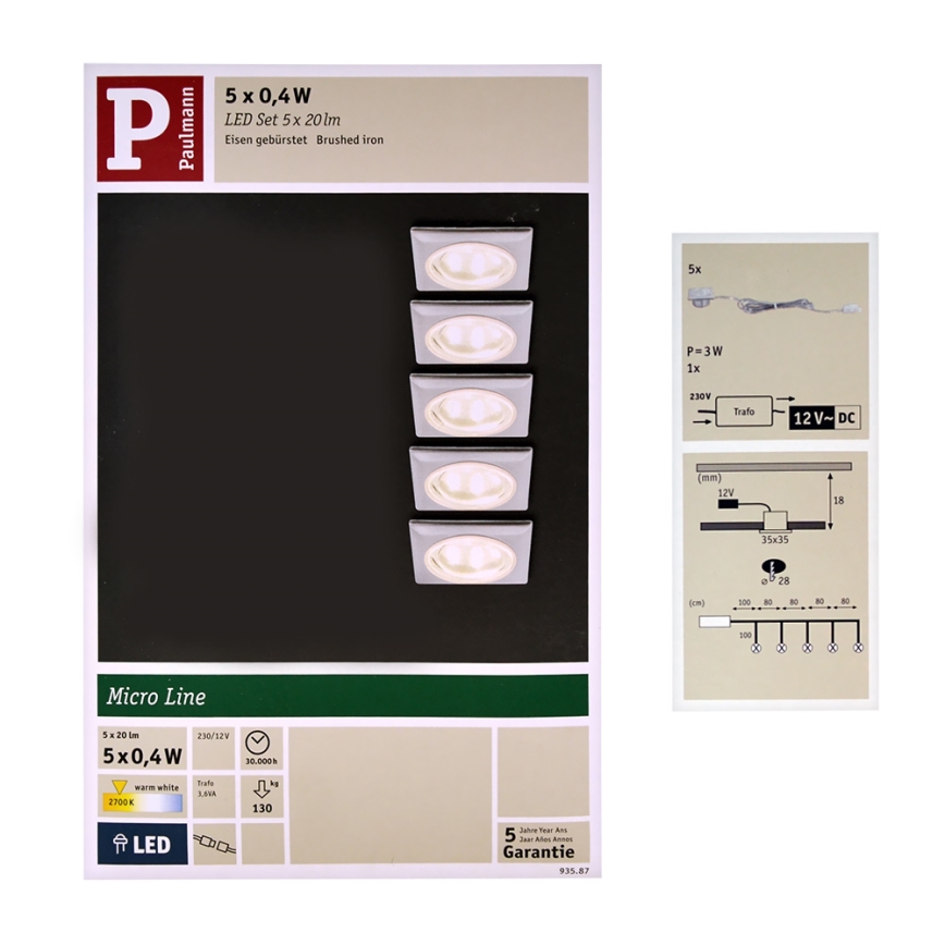 Paulmann 93587 - LOT 5xLED/0,4W Spot encastrable 12V/230V 2700K