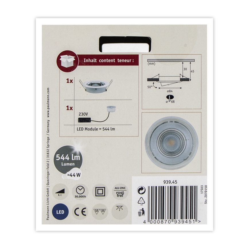 Paulmann 93945 - Luminaire de salle de bain encastrable à intensité variable LED/6,8W IP23 COIN 230V