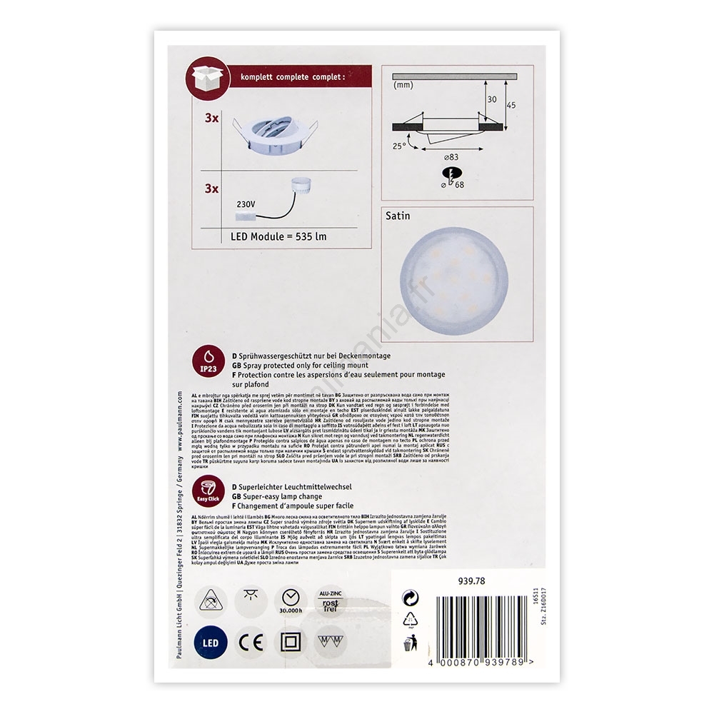 Paulmann 93978 - LOT 3x LED/6,8W IP23 Spot encastrable salle de bain ...