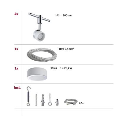 Paulmann 94080 - Ensemble 4xLED/4,8W Système complet à câbles STAGE 230V chrome brillant