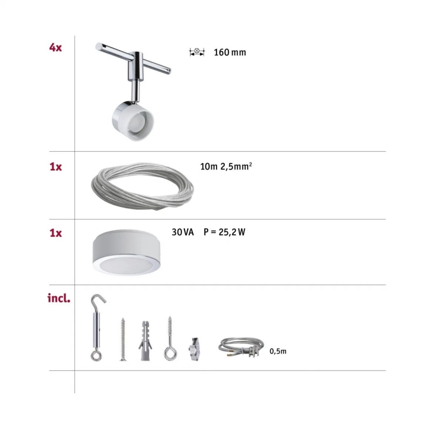 Paulmann 94080 - Ensemble 4xLED/4,8W Système complet à câbles STAGE 230V chrome brillant