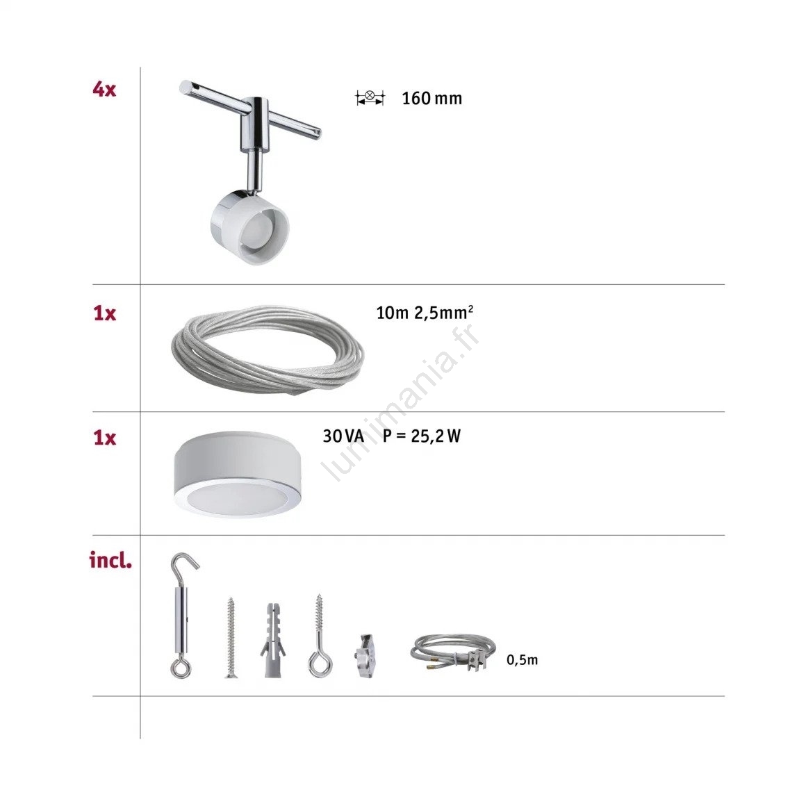 Kit Éclairage Sur Câble Paulmann WS DC Frame - 5 Spots LED, Blanc Chaud 3000K, Longueur Câble 10m, Chrome Mat