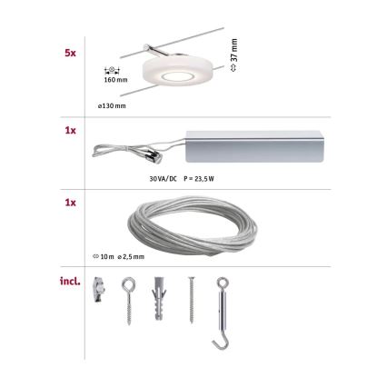 Paulmann 94109 - Kit complet 5x LED/4,3 W, système sur câbles MAC 230 V, blanc