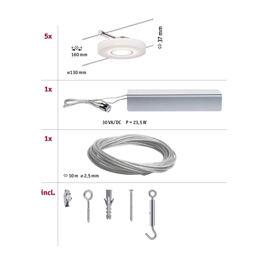 Paulmann 94109 - Kit complet 5x LED/4,3 W, système sur câbles MAC 230 V, blanc