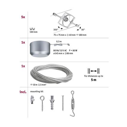 Paulmann 94133 - Pack de 5 GU5.3/10 W, système complet sur câble MAC 230 V, chrome mat