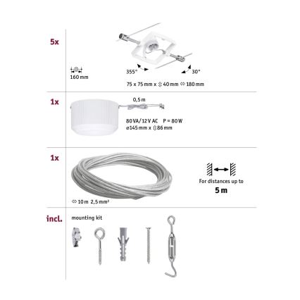 Paulmann 94134 - LOT 5xGU5,3/10W Spot pour système de câble MAC 230V blanc