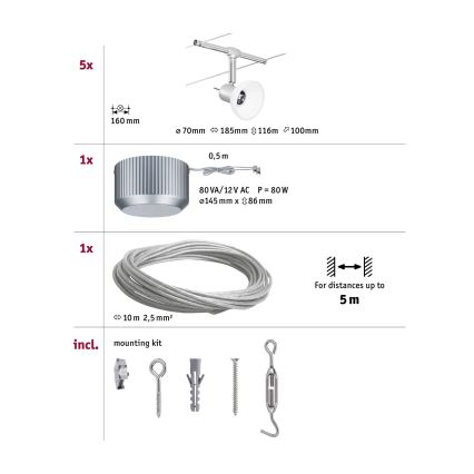 Paulmann 94136 - Kit 5x GU5,3/10W, système d'éclairage complet sur câble SHEELA 230V, finition chrome brillant