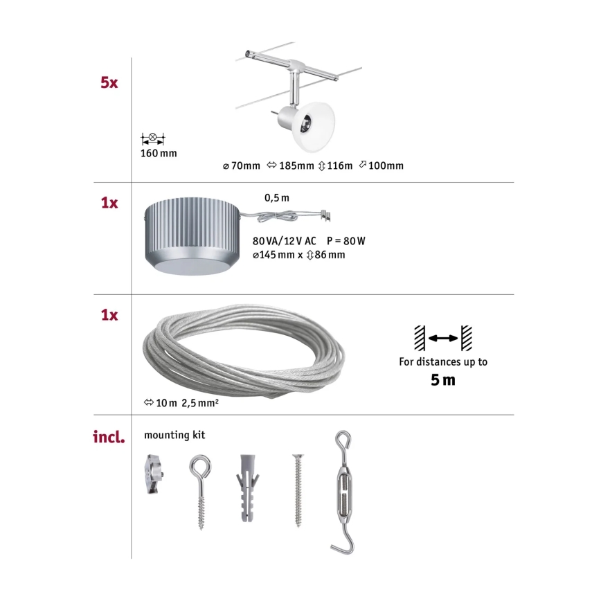 Paulmann 94136 - Kit 5x GU5,3/10W, système d'éclairage complet sur câble SHEELA 230V, finition chrome brillant