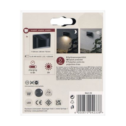 Paulmann 94233 - LED/0,05W IP44 Applique murale solaire ELLIOT 1,2V 400 mAh