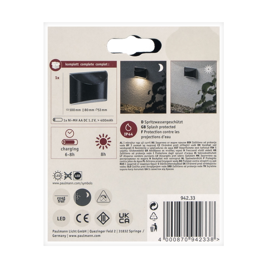 Paulmann 94233 - LED/0,05W IP44 Applique murale solaire ELLIOT 1,2V 400 mAh