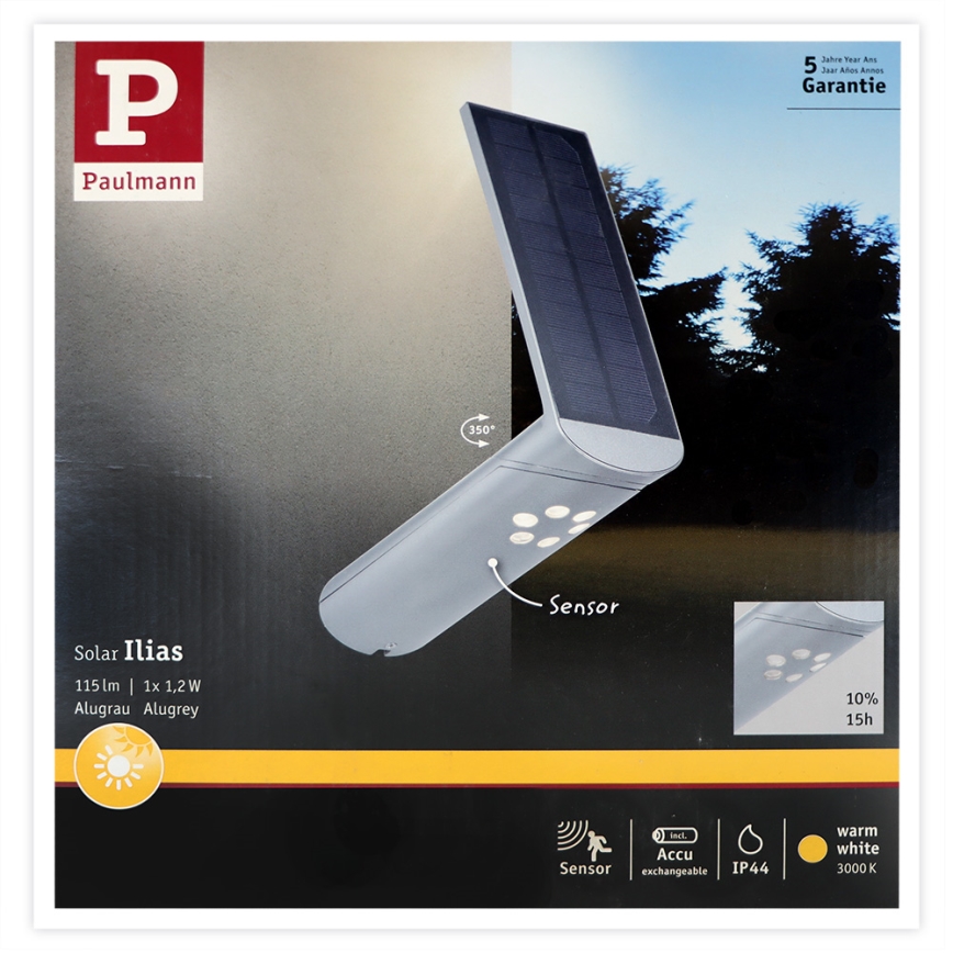 Paulmann 94261 - LED/1,2W IP44 Applique murale solaire avec détecteur ILIAS 3,7V 1800 mAh