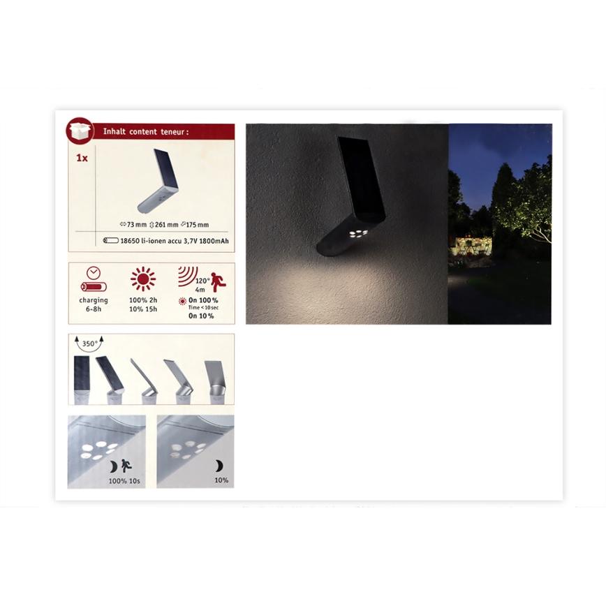 Paulmann 94261 - LED/1,2W IP44 Applique murale solaire avec détecteur ILIAS 3,7V 1800 mAh