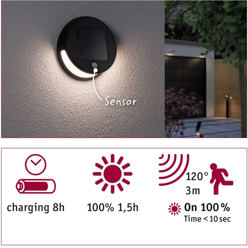Paulmann 94265 - LED/3W IP44 Éclairage solaire extérieur avec détecteur HELENA 3,7V 1800 mAh