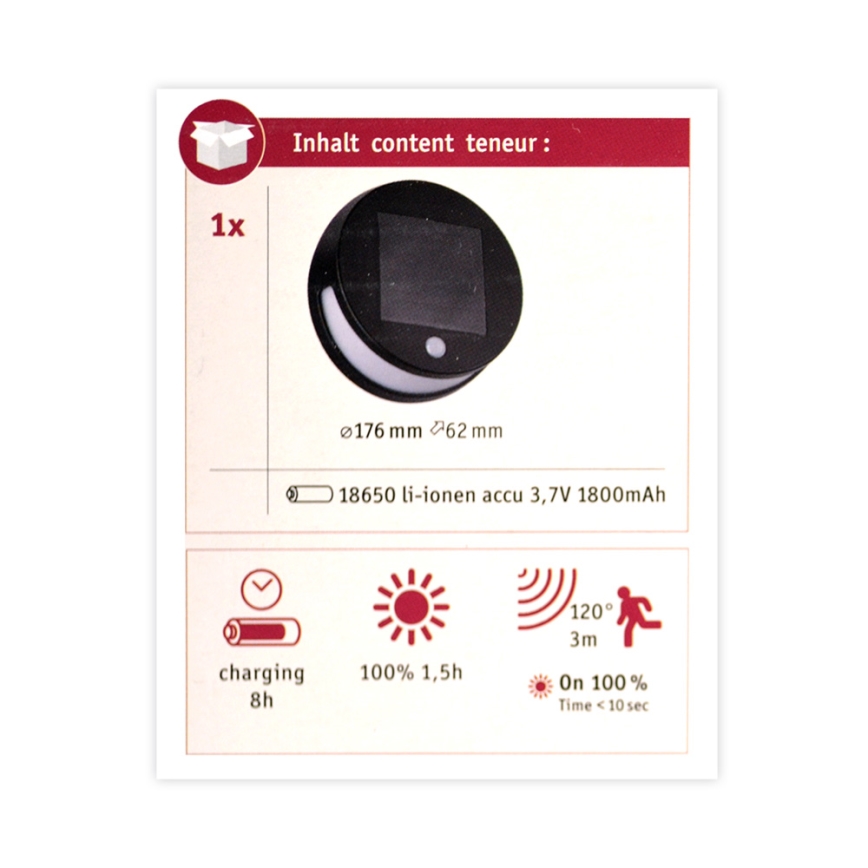 Paulmann 94265 - LED/3W IP44 Éclairage solaire extérieur avec détecteur HELENA 3,7V 1800 mAh