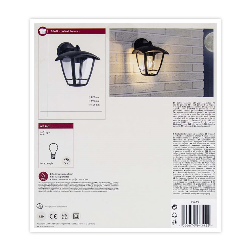 Paulmann 94392 - 1xE27/12W IP44 Applique murale d'extérieur CLASSIC 230V