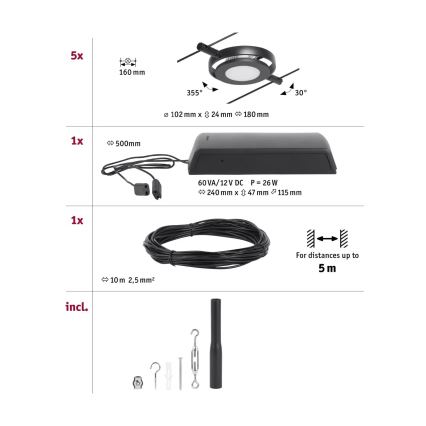 Paulmann 94418 - LOT 5xLED/4,5W Spot pour système de câble ROUNDMAC 230V noir