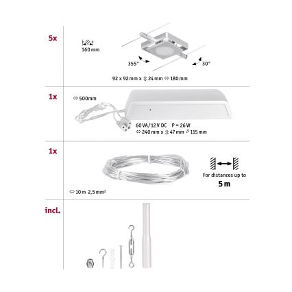 Paulmann 94420 - Ensemble de 5 LED 4,5 W, système complet de suspension sur câble MAC 230 V, chrome mat