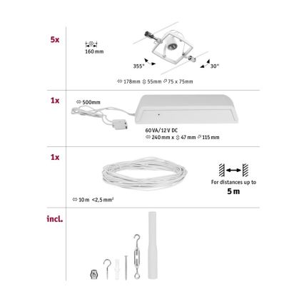 Paulmann 94432 - ENSEMBLE 5xGU5,3/10W Système complet sur câble MAC 230V blanc