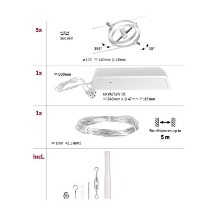 Paulmann 94436 - Kit 5xGU5,3/10W Système complet sur câble CARDAN 230V chrome mat
