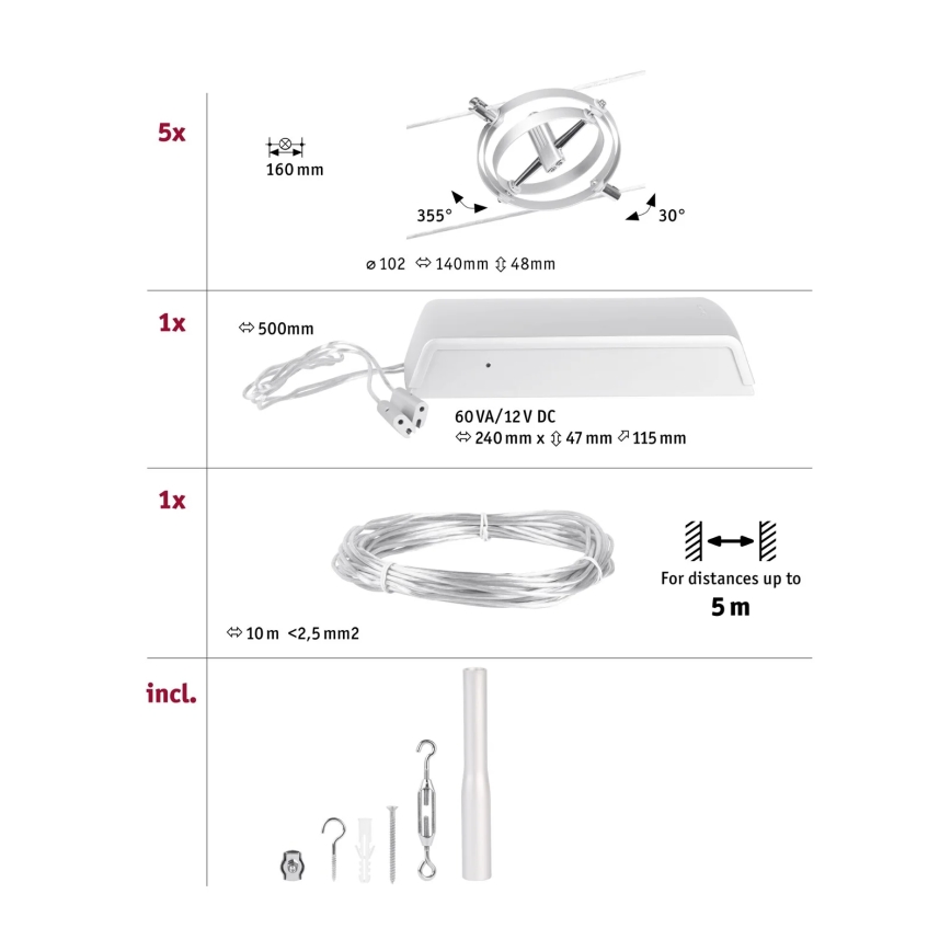 Paulmann 94436 - Kit 5xGU5,3/10W Système complet sur câble CARDAN 230V chrome mat