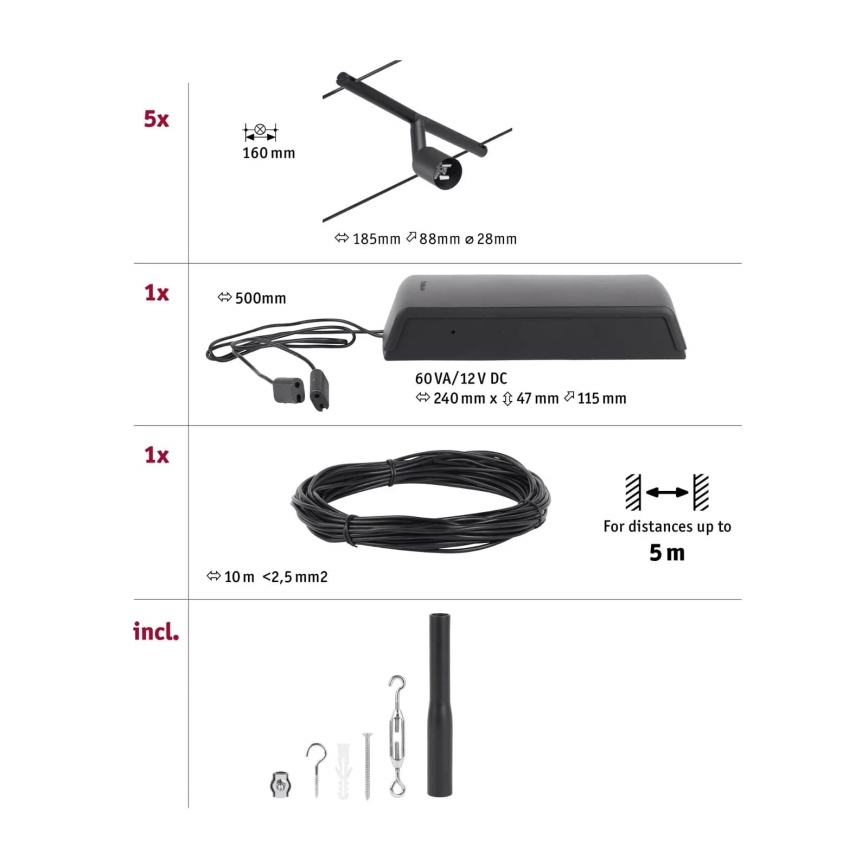 Paulmann 94446 - Kit 5xGU5,3/10W, système complet sur câble SALT 230V, noir