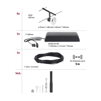 Paulmann 94450 - Kit complet SHEELA sur câble 5 × GU5,3/10 W, 230 V, noir