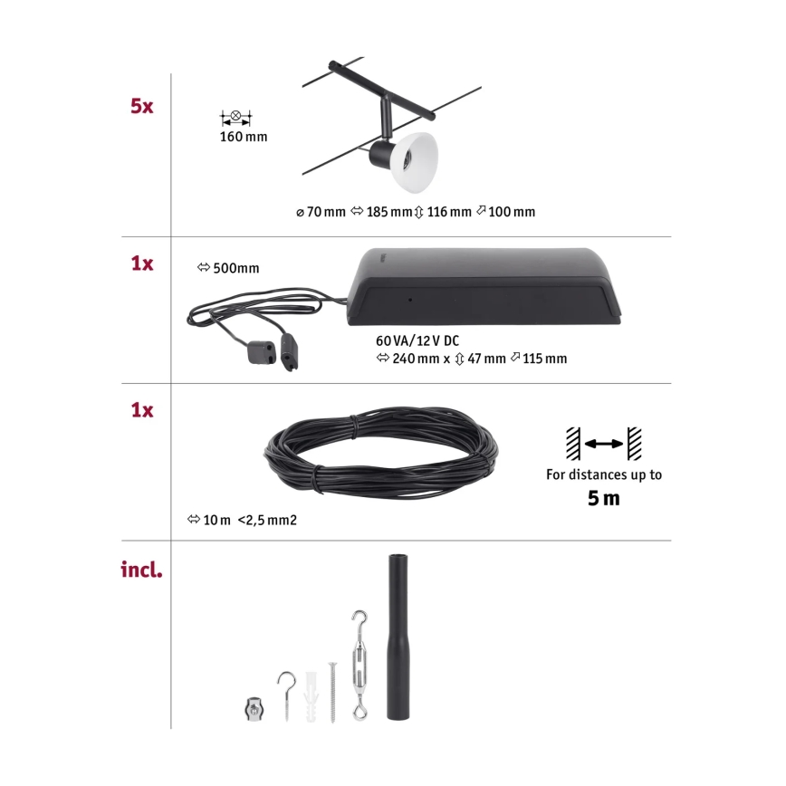 Paulmann 94450 - Kit complet SHEELA sur câble 5 × GU5,3/10 W, 230 V, noir