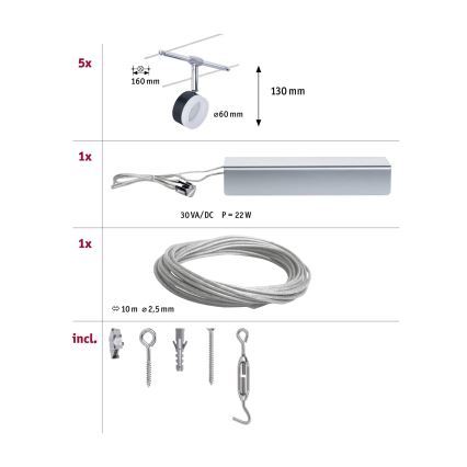 Paulmann 94457 - ENSEMBLE de 5 spots LED (5 x 4 W) pour système à câbles CLEAR, 230 V, noir/chrome brillant