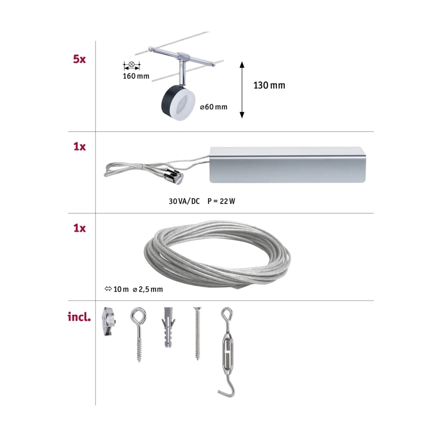 Paulmann 94457 - ENSEMBLE de 5 spots LED (5 x 4 W) pour système à câbles CLEAR, 230 V, noir/chrome brillant