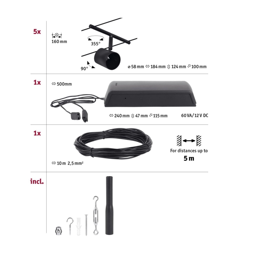 Paulmann 94469 - Kit complet 5xGU5,3/10W, système sur câble CUP 230V, noir