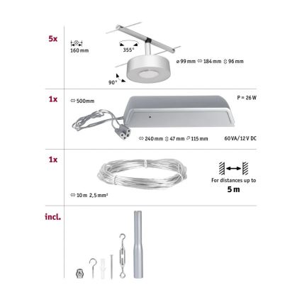 Paulmann 94475 - KIT 5x LED/5W Système complet sur câble CIRCLE 230V chrome mat