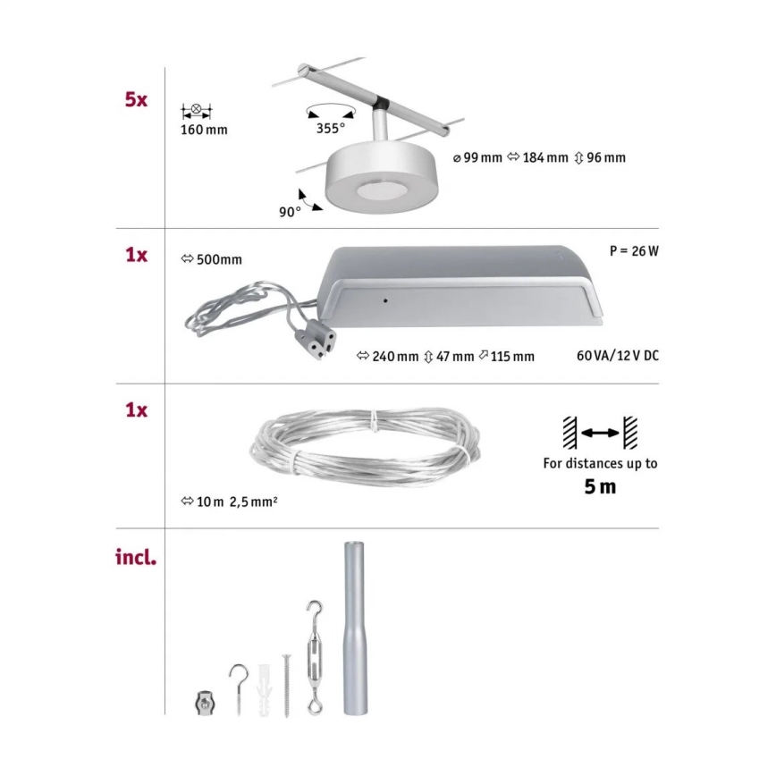 Paulmann 94475 - KIT 5x LED/5W Système complet sur câble CIRCLE 230V chrome mat