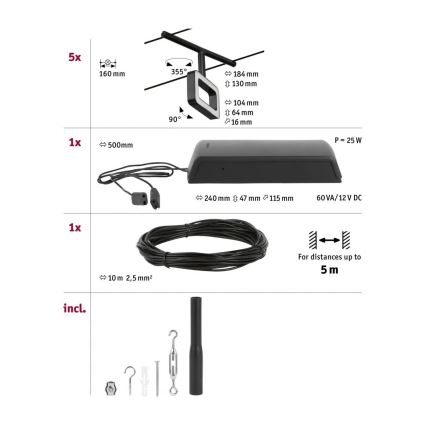 Paulmann 94485 - ENSEMBLE 5xLED/4,8W Système complet sur câble FRAME 230V noir
