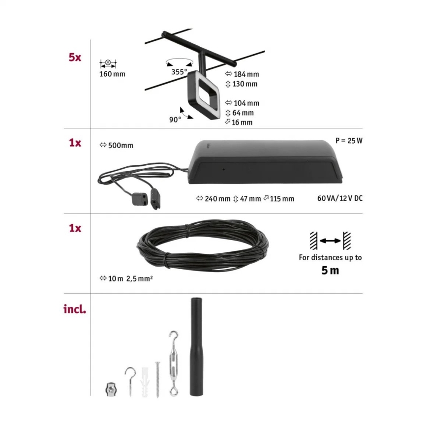 Paulmann 94485 - ENSEMBLE 5xLED/4,8W Système complet sur câble FRAME 230V noir