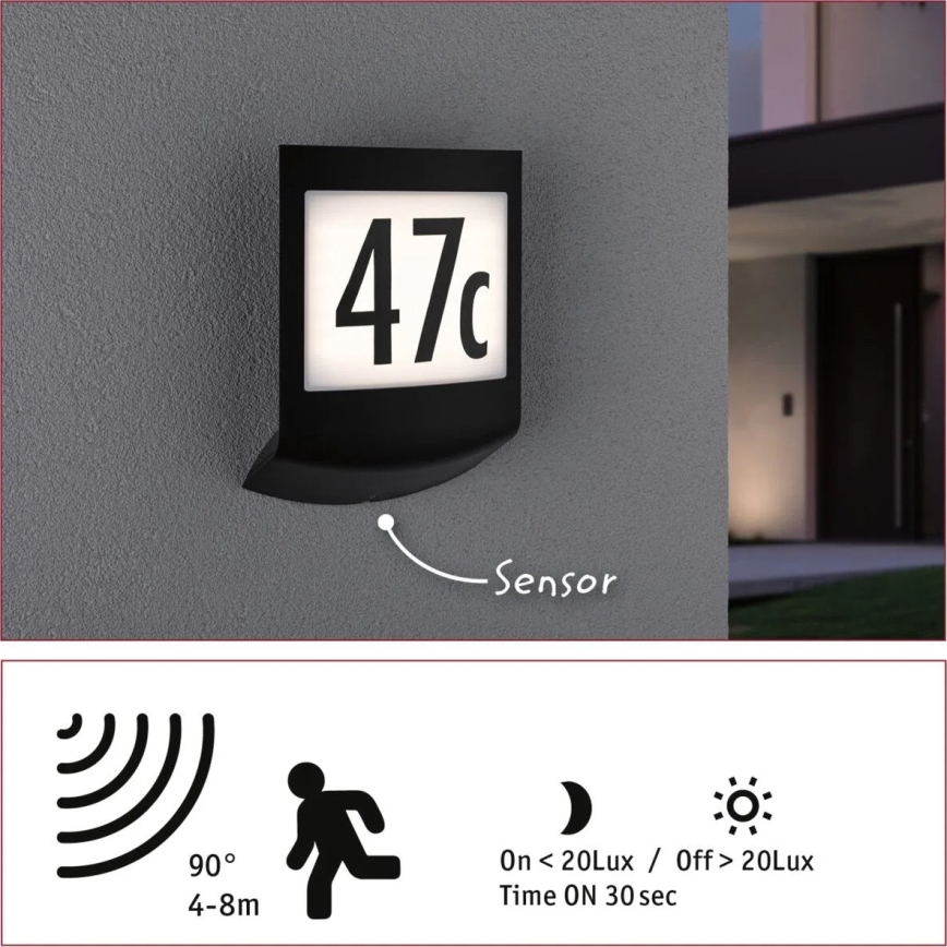 Paulmann 94513 - LED RGBW/8,2W IP44 Applique pour numéro de maison à intensité réglable avec détecteur de mouvement et détecteur crépusculaire PADEA 230V anthracite