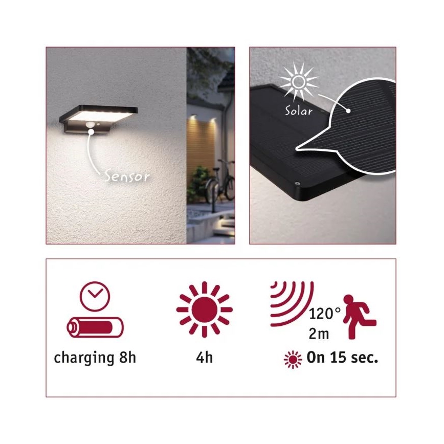 Paulmann 95393 - LED/4W IP44 Applique murale solaire avec détecteur SOLVEIG 3,7V 2000 mAh