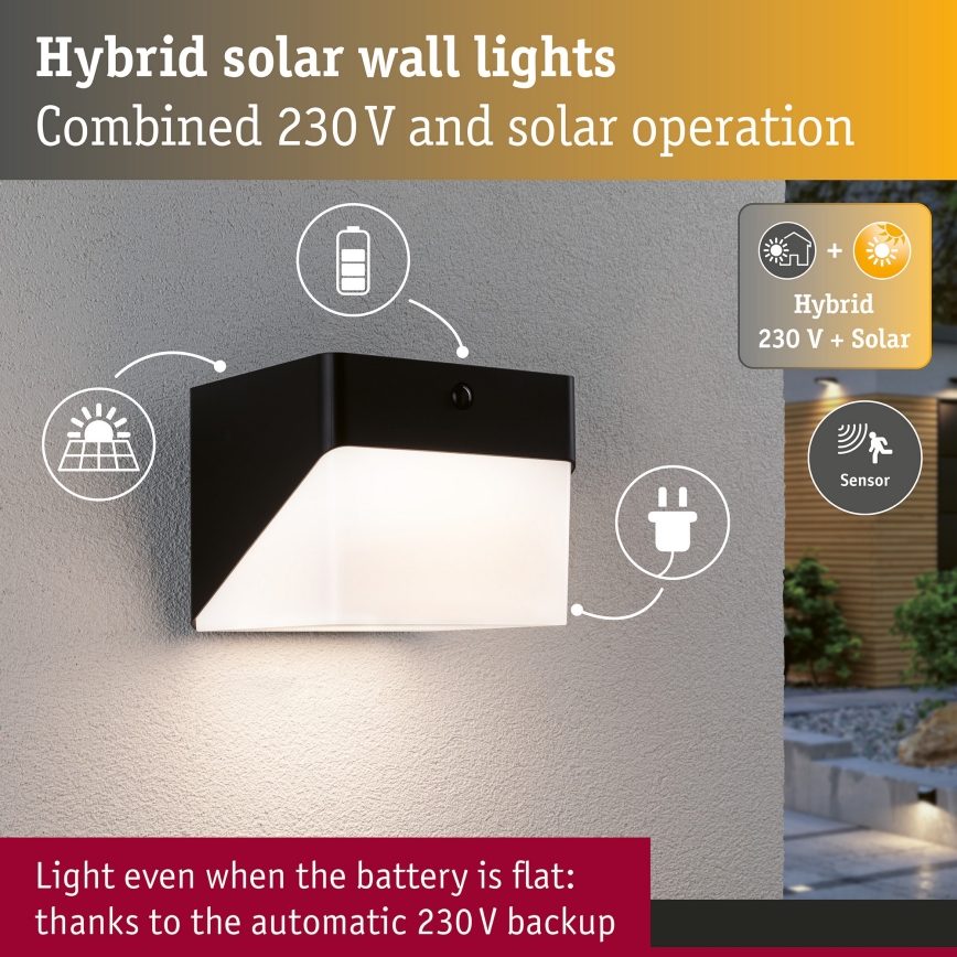 Paulmann 95746 - LED/2,3W IP44 Applique murale solaire avec détecteur EILEEN 3,7/230V 4000 mAh noir