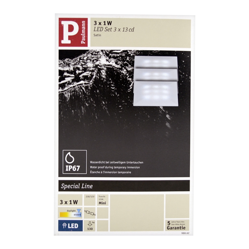Paulmann 98862 - PACK 3x Luminaire LED encastrable QUADRO 3xLED/1W/230V IP67