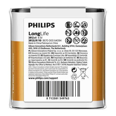 Philips 3R12L1F/10 - Pile au chlorure de zinc 3R12 LONGLIFE 4,5V