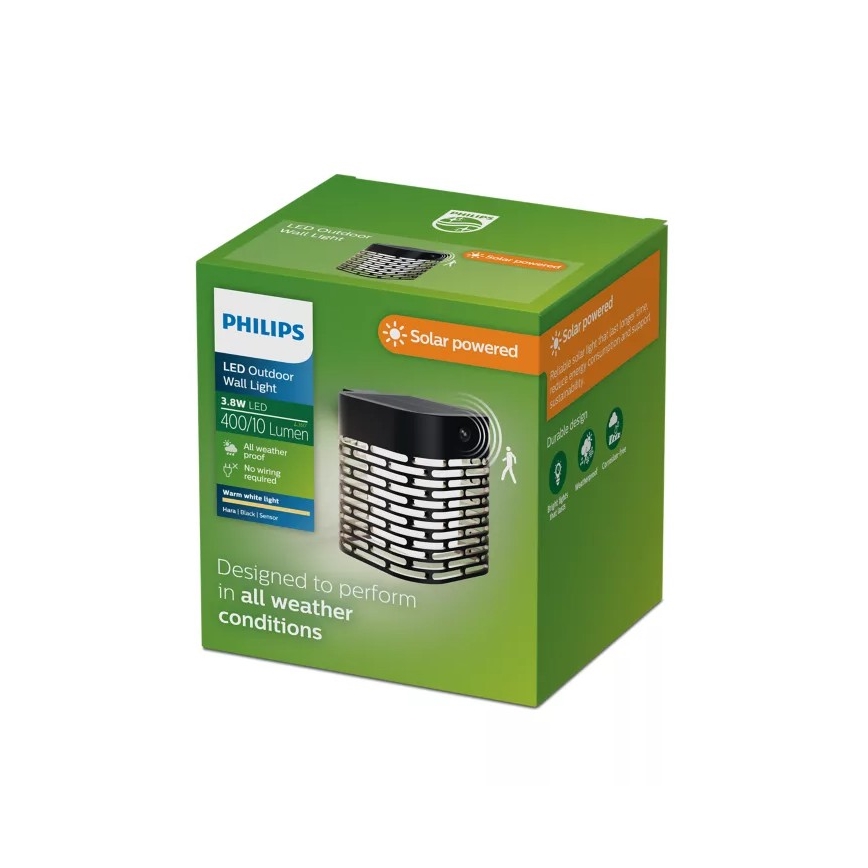 Philips - Applique murale solaire HARA LED avec détecteur, 3,8W/3,7V 800 mAh 2700K IP44, noire