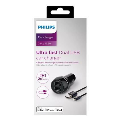 Philips DLP2357V/10 - Chargeur voiture 2xUSB/12V + câble USB/câble lighting