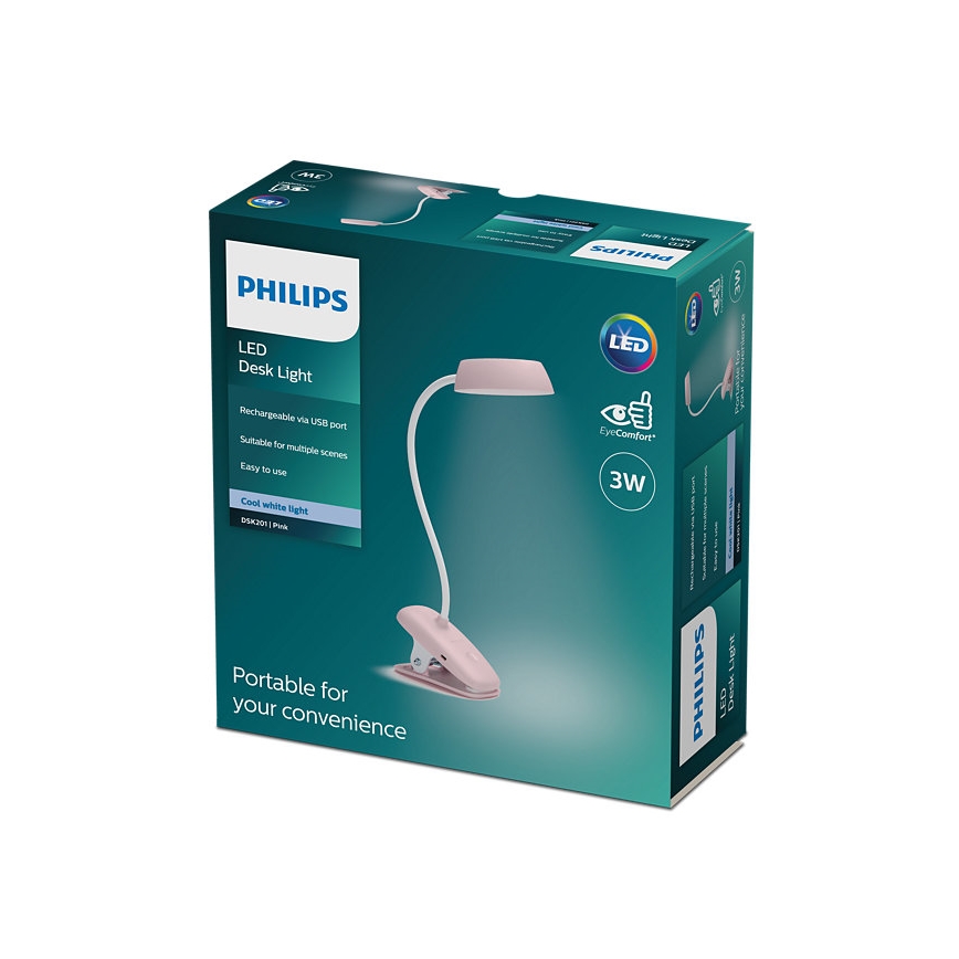 Philips - Lampe à pince à intensité variable DONUTCLIP LED/3W/5V 1200 mAh CRI 90 rose