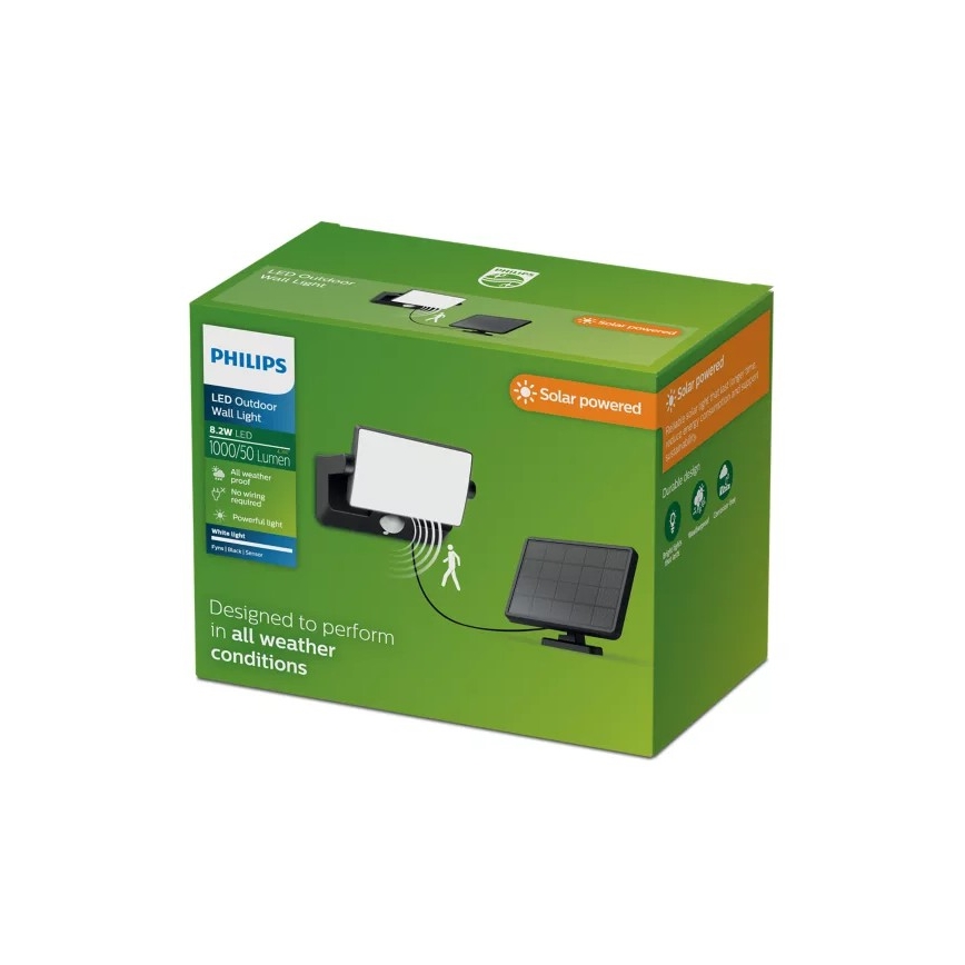 Philips - Projecteur mural solaire LED avec capteur FYNS LED/8,2W/3,7V 2600 mAh 3000K IP44 noir