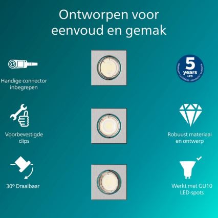 Philips - Lot de 3 spots encastrables PERIDOT 1xGU10/7W/230V, finition argentée