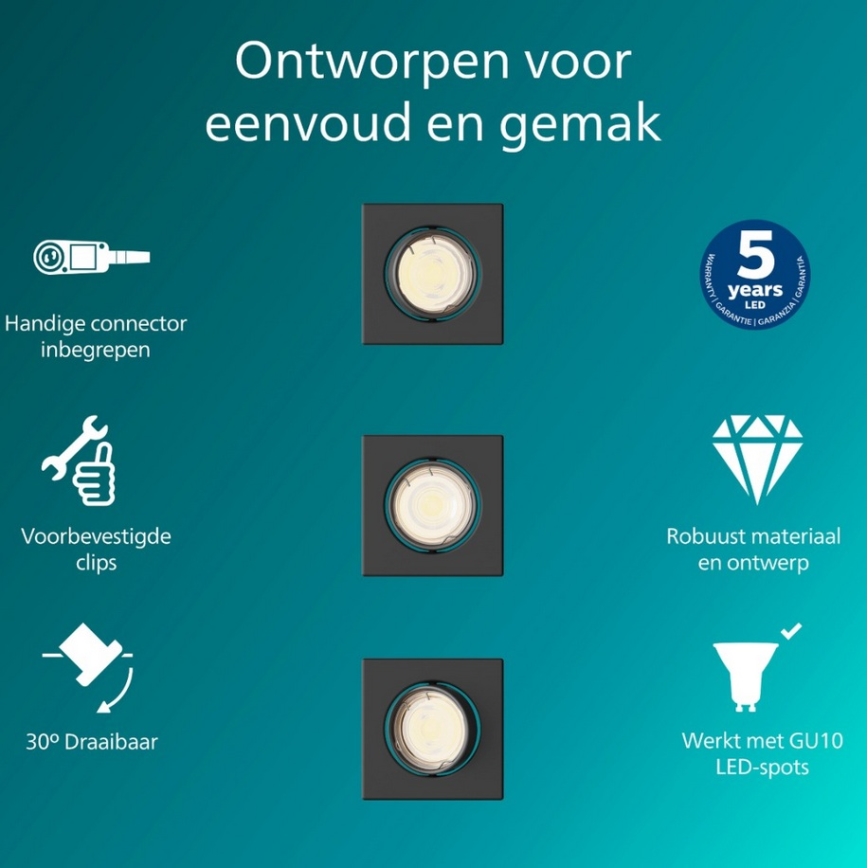 Philips - Lot de 3 spots encastrables PERIDOT 1xGU10/7W/230V noir