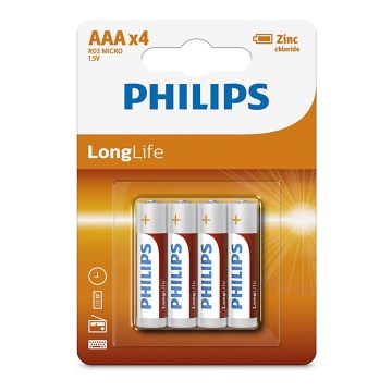 Philips R03L4B/10 - x4 Pile au chlorure de zinc AAA LONGLIFE 1,5V 450mAh