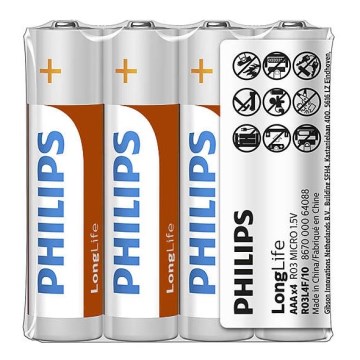 Philips R03L4F/10 - x4 Pile au chlorure de zinc AAA LONGLIFE 1,5V 450mAh