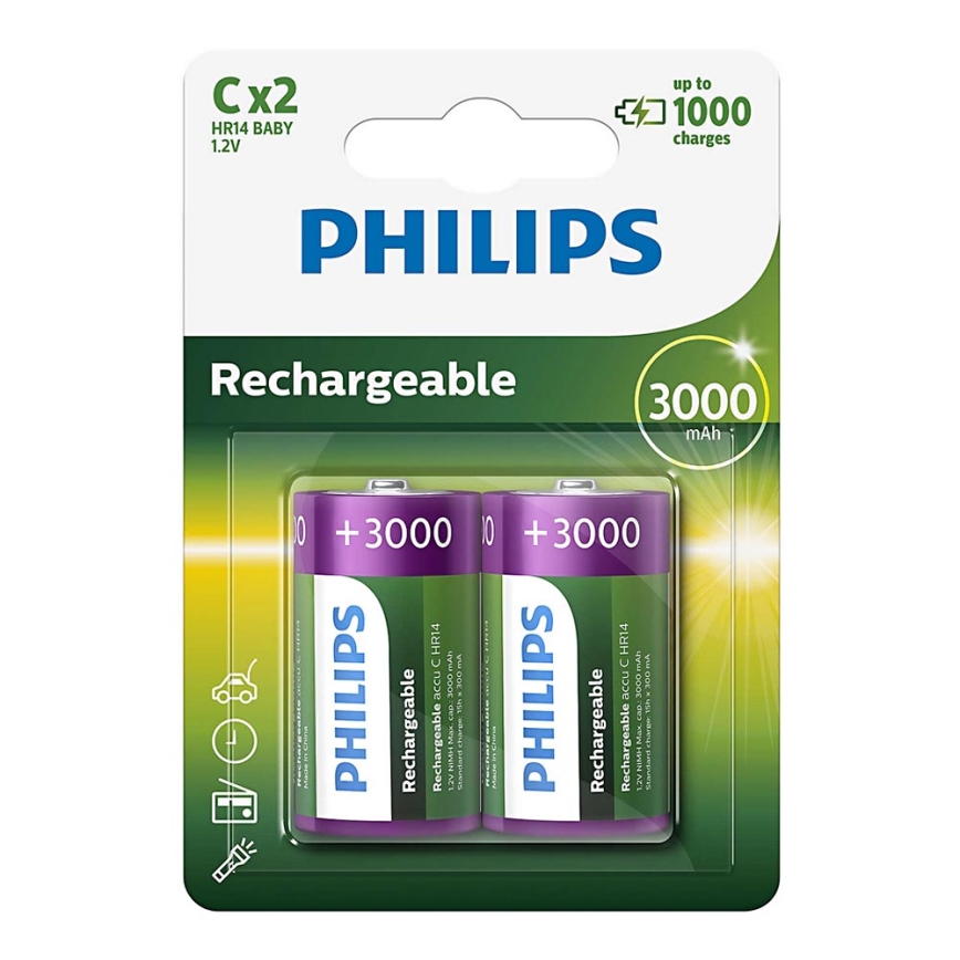 Philips R14B2A300/10 - 2 pc Pile rechargeable C MULTILIFE NiMH/1,2V/3000 mAh