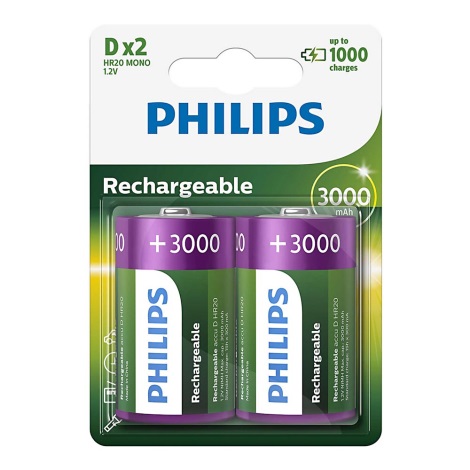 Philips R20B2A300/10 - 2 pc Pile rechargeable D MULTILIFE NiMH/1,2V/3000 mAh