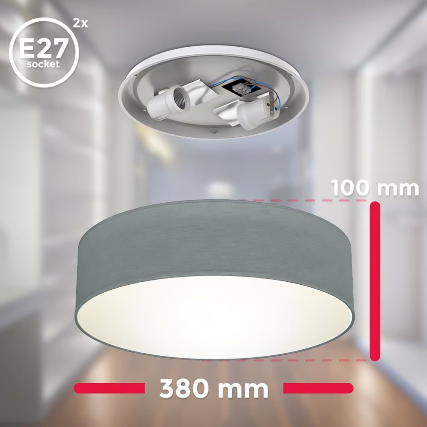 Plafonnier 2xE27/40W/230V, diam. 38 cm, gris